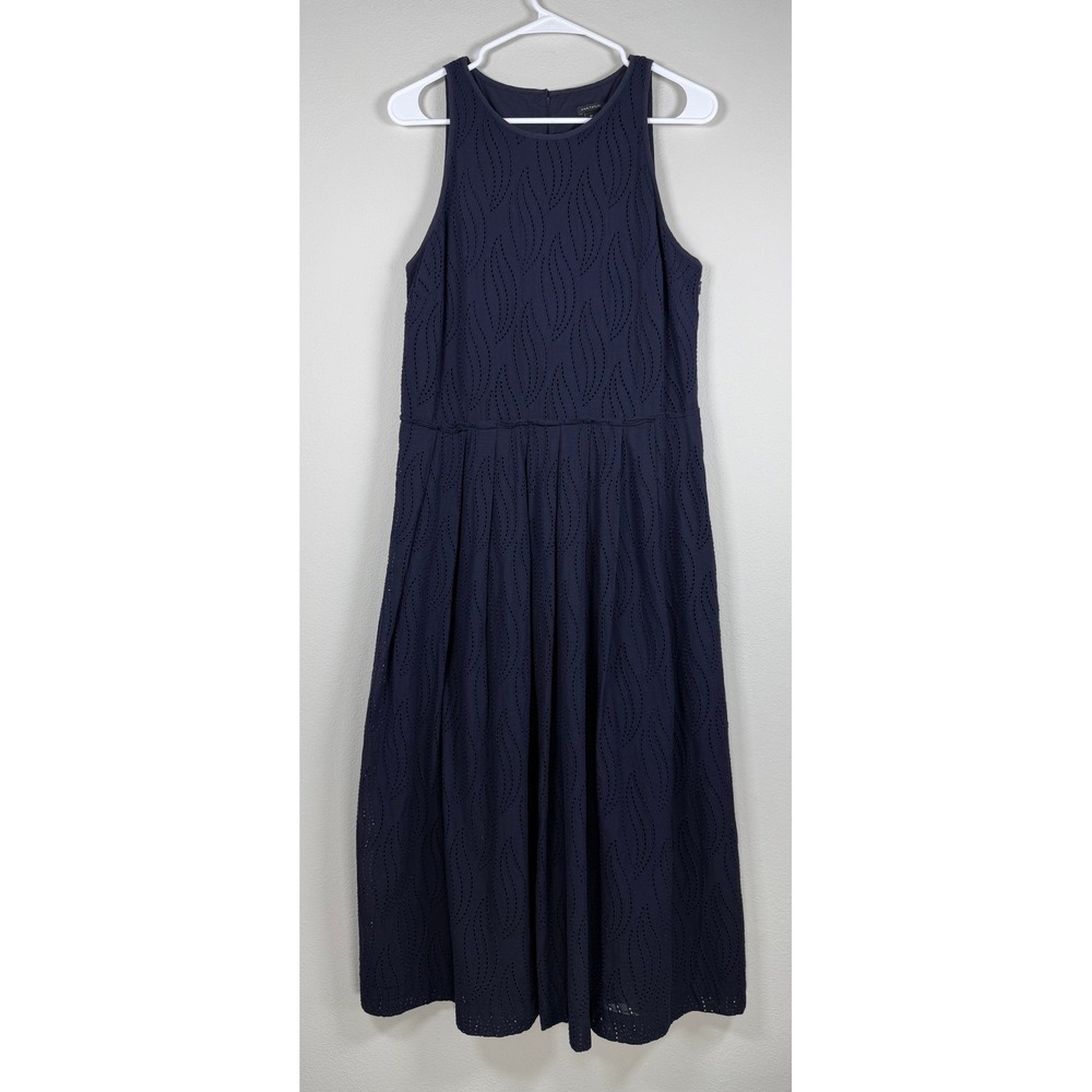 Ann Taylor Eyelet Dress Women 10 TALL Navy Sleeveless Midi Preppy Coastal Chic